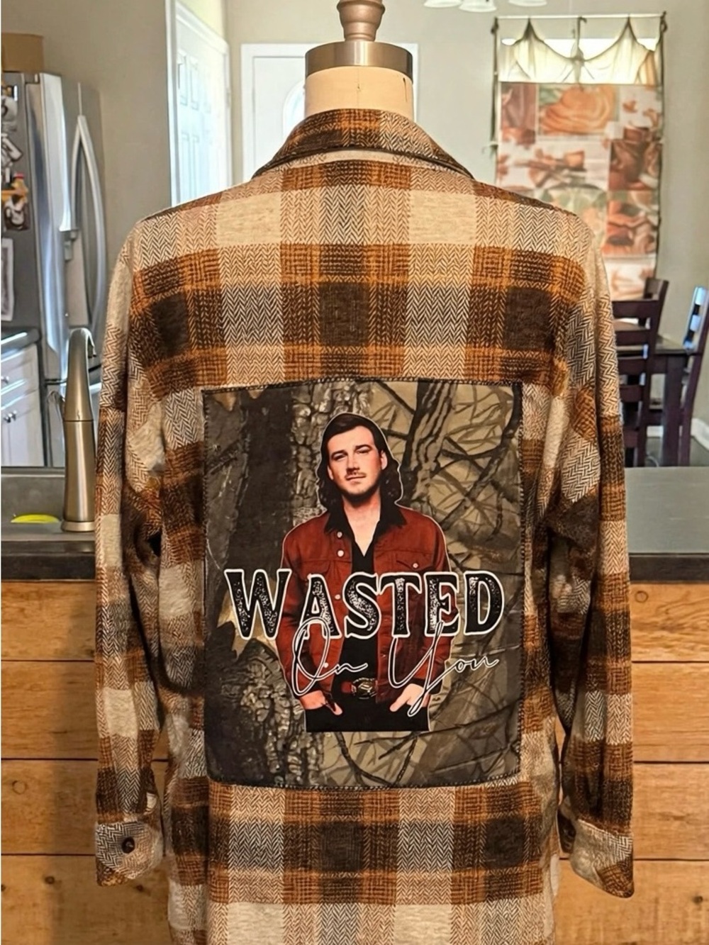Women’s Plaid Button-Down Shirt Jacket in Brown Plaid with Graphic Back